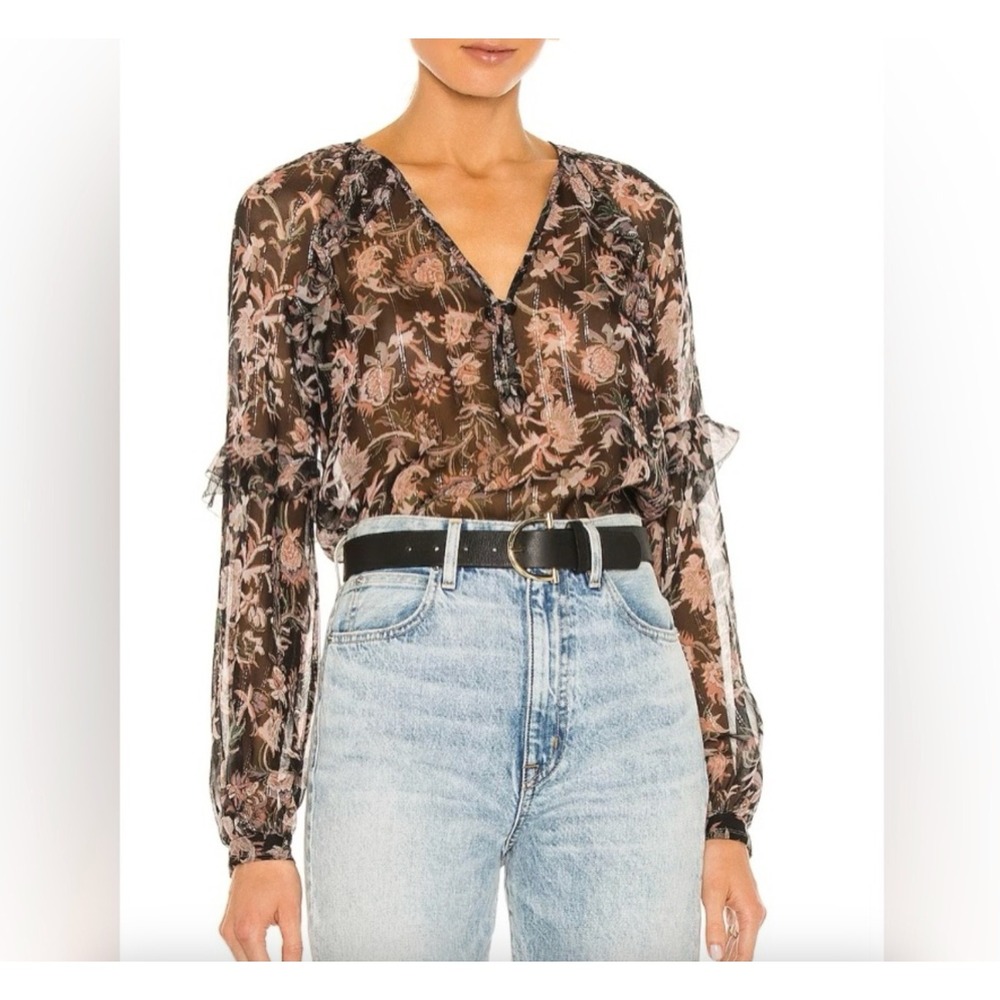 Veronica Beard‎ Sz 6 Zanita Silk Metallic Floral Blouse Top Black Ruffle Luxury